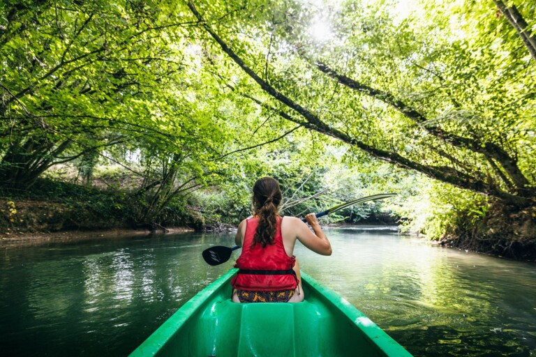 Personne en gilet de sauvetage rouge pagayant en kayak vert sur une rivière calme entourée d’arbres verdoyants sous une lumière tamisée