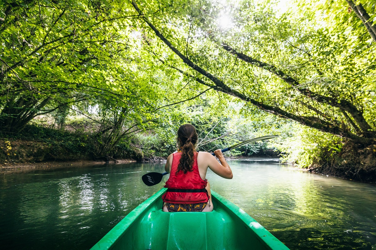Personne en gilet de sauvetage rouge pagayant en kayak vert sur une rivière calme entourée d’arbres verdoyants sous une lumière tamisée