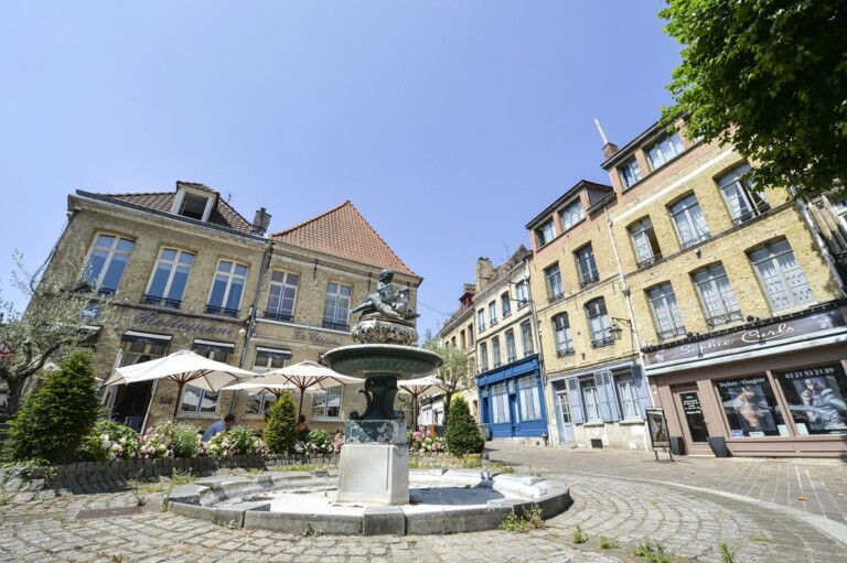 fontaine au molieu d'une place en pavée entourée de grandes maisons à la façade jaune